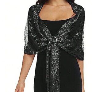 Shiny Silver Black Scarf Shawl Wrap With Removeable Buckle